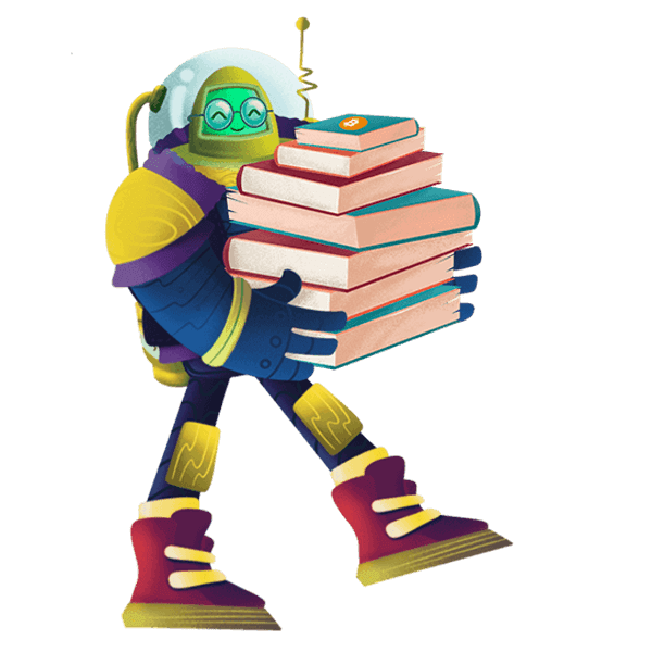 Mascot Joëy draagt een stapel boeken